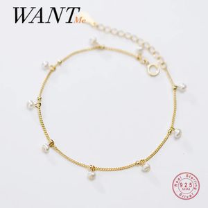 Pärled Wantme Minimalist Korean Real 925 Sterling Silver Baroque Pearl Punk Link Chain Charm Armband för kvinnor Teen Party Jewelry Gift 231208