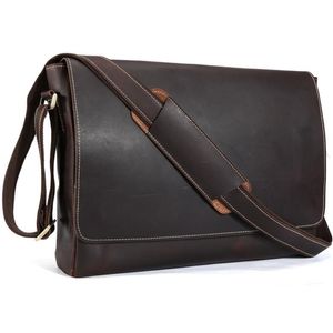 Handmade de couro genuíno de 15 polegadas Bag de mensagens de laptop homens simples estilo vintage de ombro de corpo cruzado Borda grande 1153260g