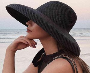 HT2303 2020 Summer Sun s Ladies Solid Plain Elegant Wide Brim Round Top Panama Floppy Straw Beach Hat Women7104683