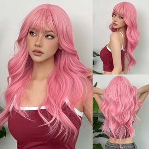 Nuova parrucca con frangia piena, capelli ricci lunghi rosa, copertura completa della testa, cosplay ad alto tasso di ritorno