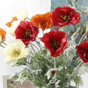 5Pcs Artificial big Poppy flower with leaves fleurs artificielles for autumn fall Home party Decoration wreath fake silk flowers2890