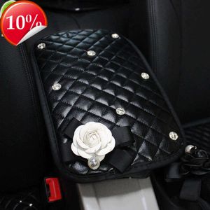 New Leather Diamond Crystal Camellia Flower Universal Car Armrest Cover Pad Auto Center Console Arm Rest Seat Box Cover Accessories