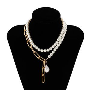 Collana di design con fibbia OT con perla imitazione multistrato per donna, sposa, regalo di gioielli con ciondolo gotico al collo