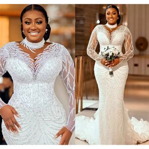 charningbride 2024 جديد زائد الحجم العربي aso ebi حورية البحر الأبيض العاج العاج تول تول فستان الشفاه الأكمام طويلة الأكمام