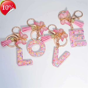 New Pink Resin Initial Letters Keychain Tassel Butterfly Pendant Keyring for Girls Women Purse Handbags Car Keys Accessories