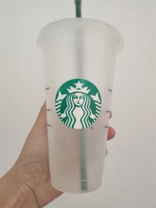 Starbucks 24oz / 710ml caneca de plástico reutilizável claro beber fundo plano copo pilar forma tampa caneca de palha bardian dhl