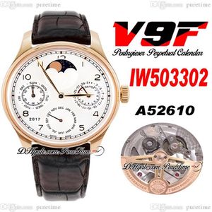 V9F 503302 Kalendarz wieczny A52610 Automatyczna męska zegarek Rose Gold White Dial Faza Moc Reserve Brąz skórzany pasek Super 315V