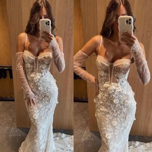 Berta Lace Mermaid Dresses Spaghetti Wedding Dress Sweep Train Floral Appliques Sequins Bridal Gowns