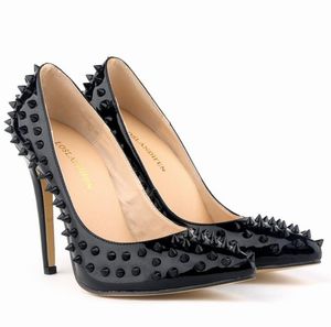 Patent Leather Rivet Spikes Poined Toes High Heels Shoes Women Lady Genuine Leather Wedding Shoes Pumps Stiletto Heels