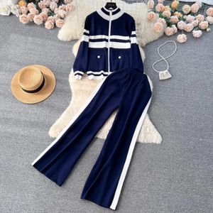 Calças femininas de duas peças outono inverno contraste agasalho de malha 2 peças conjunto feminino com zíper camisola jaceket casaco + calças retas roupas grossas loungwear 2024