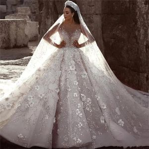 Stunningningbride 2024 Luxury Ball Gown Longleeevs Wedding Dresses Luxury Crystal Beaded Flowers Lace Plus Size Saudi Arabic Dubai Bridal Gown