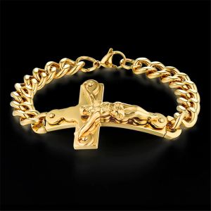 Jezus Cross Mens 14k żółta złota bransoletka samca pulseira męskie braklety złote kolorowe nadgarstki bransoletki dla mężczyzn biżuteria