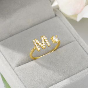 Bandringar A-Z Letter Inledande namn Alfabetet Ring Justerbar öppning 14K Gul guld Iced Out CZ Rings Female Party Jewelry Gift