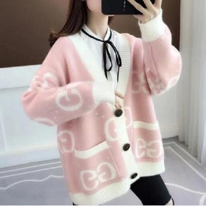 2024 Winter Women's new Sweater Oversized Knitted Cardigan Jackets female colorful double wool knit Letter V-Neck Long Sleeve Sweaters coat