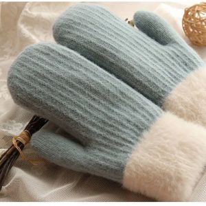 Autumn and winter new wool gloves Female students winter wool thickened double layer warm and cold knit gloves College simple cycling full finger gloves