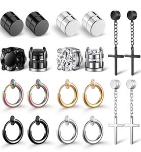 10 Pairs Unisex Men Stainless Steel NonPiercing Magnetic Stud Earrings Cross Dangle Hoop Earrings CZ Magnet Clip on Earring Set9958904