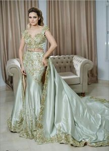 Elegant Saudi Arabic Mermaid Evening Dresses With Gold Lace Appliques Sage Satin Long Prom Party Gowns For Women 2024 Chic Tunisa Dubai Formal Occasion Dress