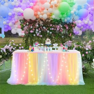 Saia de mesa Saia de mesa de tule com luzes LED Pano de mesa de 6 pés para chá de bebê, casamento, festa de aniversário, bar, mesa de casa, decorações de Natal 231208