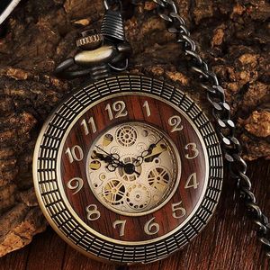 Relógios de bolso Vintage Wood Circel Gear Dial Bronze Antigo Antigo Relógio de Bolso Mecânico Homens Gravado Fob Mão Vento Steampunk Presentes Masculinos Relógio 231208