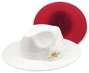 Szerokie brzegowe czapki czerwone luksusowy biały patchwork Feel Jazz Hat Cap Men Women Flat Wool Feather Fedora Panama Trilby Vintage2004470