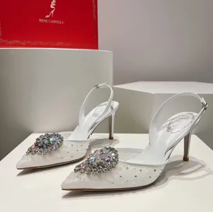 2024 Nuovo Rene Caovilla Sandali Donna 7.5CM Tacco alto Decorazione di cristallo Scarpe di design di lusso Slingbacks casual Fibbia a punta Scarpe da sposa in rete