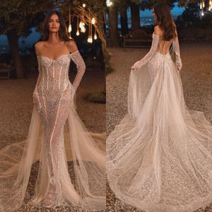 Berta Crystal Mermaid Wedding Dresses Off Shoulder Long Sleeves Luxury Overskirts Wedding Dress sweep train Illusion Back bridal gowns