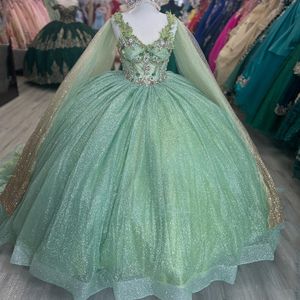 Luxury Sage Green Shiny Tulle Quinceanera Dresses Ball Gown Lace Appliqued Beaded With Cape Sweet 16 Dress Vestidos De Quinceanera