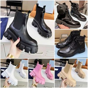 Luksusowe szczotkowane bootki skórzane designerskie kobiety Monolit nylon gabardine kostki buty modowe platforma cielęcia trójkątowa torebka Martin Buty Rozmiar 35-41