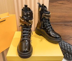 Boots martin Designer boots motorcycle boots fashion Chelsea boots woman Mid length boots Black Leather Wedge Lace Up Round Head Letter Thick Heel Knight Boots