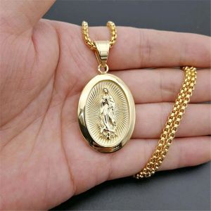 Virgin Mary Pendant Necklace For Women Girls 14k Yellow Gold Our Lady Jewelry Colar Madonna Trendy Chain