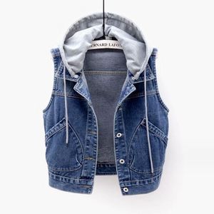 Novo denim colete feminino primavera outono roupas sem mangas curto com capuz jaqueta feminina denim jeans colete jaqueta feminina