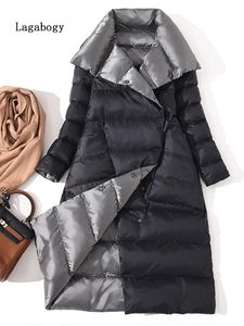 Женские пуховые парки Lagabogy, зимняя женская куртка из 90% белого утиного пуха, длинное толстое двустороннее пальто, женская теплая двубортная парка, верхняя одежда 231208