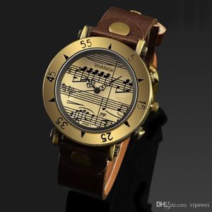 12-godzinny wyświetlacz kwarcowy zegarek retro PU Pas Metal Bronze Case Muzyka notatka markery unisex zegarki starożytne rzymskie styl203t