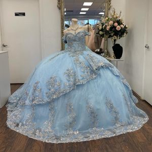 Sky Blue Shiny Quinceanera Dress Princess Off the Shoulder Prom Gown Tulle Applicies spetspärlor Sweet16 Dress Vestidos de 15 Anos