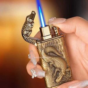 New 3D Relief Dragon Crocodile Double Fire Lighter Metal Windproof Jet Open Conversion No Gas Smoking Men's Gift