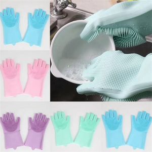 Pair Silicone Gloves with Brush Reusable Safety Silicone Dish Washing Glove Heat Resistant Gloves Kitchen Cleaning Tool