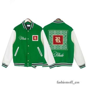 Mäns jackor Patchwork Green Rhude Bomber Jacket Embroidery Red Flower Leater Sleeve Crewneck Coat Men Women Varsity Baseball Jacket 472 879