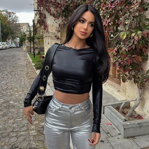 Women's T-Shirt Sexy O-neck Long Sleeve Cropped Top T Shirt 2024 Woman Clothing Slim Short Tee Shirt Streetwear Female Autumn Winter Glossy Tops