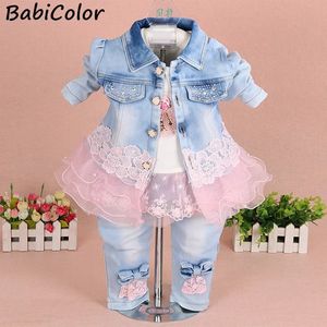 Set di abbigliamento Neonate denim 3 pezzi set di abbigliamento autunno capretto moda cappotto top pantaloni tute primavera bambini abiti casual 231211