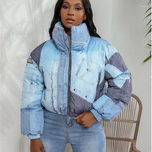 Trench da donna 2023 Donna Inverno Denim Stampa 3D Zipper Puff Crop Jacket Parka Caldo spesso Giù Dolcevita Pane Vestiti