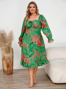 Plus Size Dresses Printed For Women Square Collar Lantern Sleeves Draw String A Line Elegant Casual Holiday Beach Party Vestidos