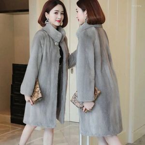 Women's Fur Faux Mink Fleece Coat Women Midi Stand Collar Jacket Thick Warm Loose Female Elegant Parka Outwear Plus Size X1154