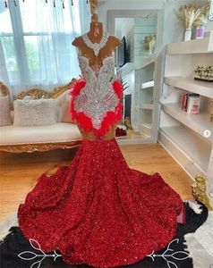 Red O Neck Long Prom Dress For Black Girls 2024 Beaded Crystal Rhinestone Birthday Party Dresses Feathers Sequined Evening Gown