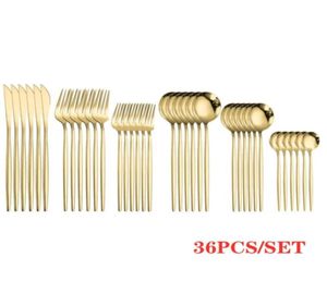 Goldbesteck-Sets, goldene Löffel, Gabeln, Messer-Set, Edelstahl, Messer, Gabel, Kaffeelöffel, Essstäbchen, Spiegel, Geschirr-Set 2109289495534