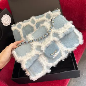 Two-Tone Furry Decoration Lady Designer Denim Shoulder Bag 25/28cm Silver Metal Hardware Matelasse Chain Stripes Classic Flap Cross Body Handbag Large Capacity