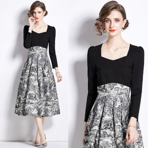 Vintage Square Neck Formal Party Midi Dress Puff Sleeve Elegant Print Fit Women Runway Designer Slim Vacation Ruched Dresses 2024 Spring Fall Chic High Waist Frocks