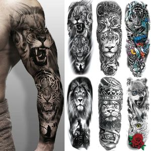 Tillfälliga tatueringar stor arm ärm Lion Crown King Rose Waterproof Tattoo Sticker Fashion Wild Wolf Tiger Men Full Skull Totem Women 231208