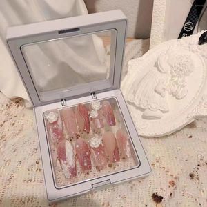 Falska naglar medellängd Fake 3D Flower Pearl Designs Naken Pink Color Press On Ballerina For Women Diy Manicure