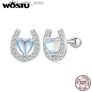 Stud WOSTU 925 Sterling Silver Lucky Horseshoe Stud Earrings For Women Rainbow Moonstone Zircon Ear Clips Pendient Girl Birthday Gift YQ231211