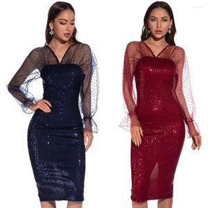 Casual Dresses #2827 Blue Red Sequin Dress Women Backless Sexy Midi Female Mesh Long Sleeved Tight Party Night Ladies Bodycon